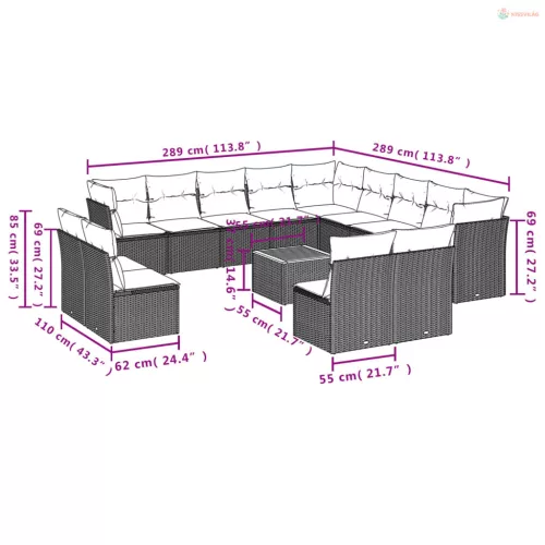 14 részes fekete polyrattan kerti ülőgarnitúra párnákkal