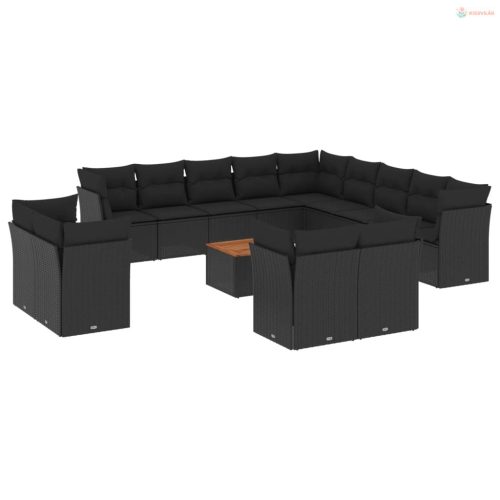 14 részes fekete polyrattan kerti ülőgarnitúra párnákkal