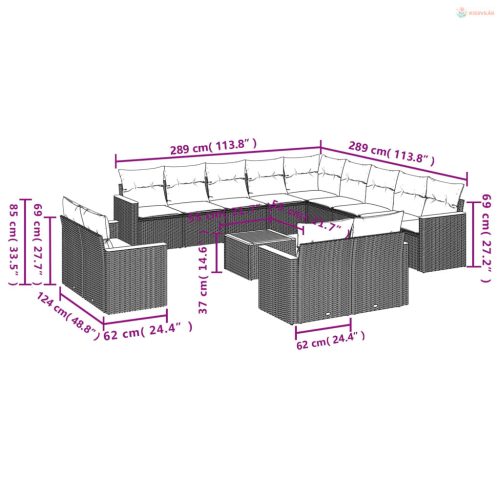 14 részes fekete polyrattan kerti ülőgarnitúra párnákkal