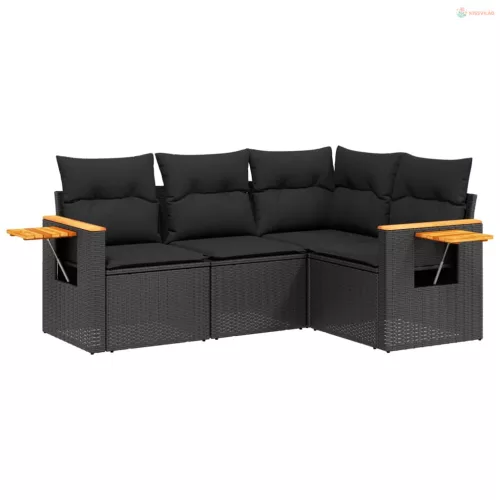 4 részes fekete polyrattan kerti ülőgarnitúra párnákkal