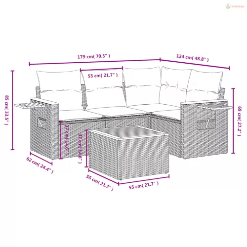 5 részes szürke polyrattan kerti ülőgarnitúra párnákkal