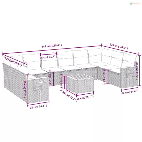 11 részes szürke polyrattan kerti ülőgarnitúra párnákkal
