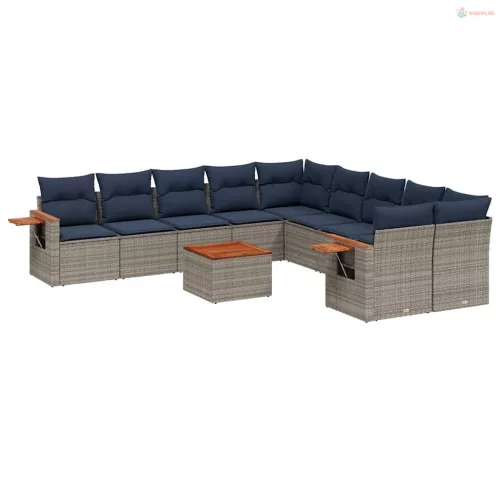 11 részes szürke polyrattan kerti ülőgarnitúra párnákkal