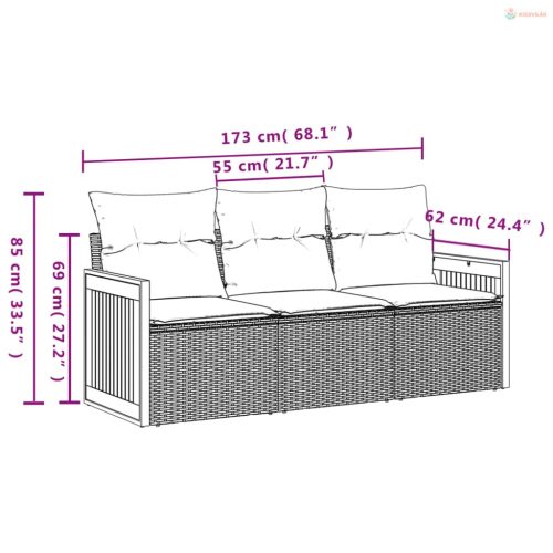 3 részes fekete polyrattan kerti ülőgarnitúra párnával