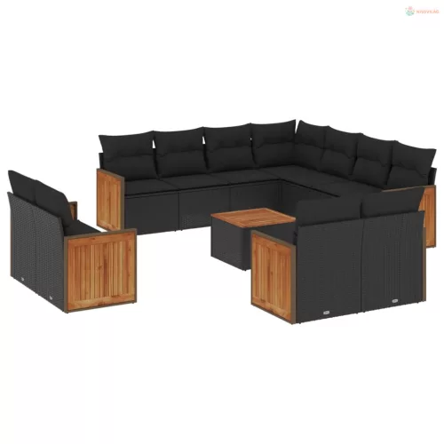 12 részes fekete polyrattan kerti ülőgarnitúra párnákkal