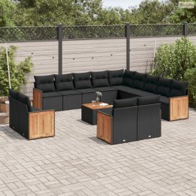   14 részes fekete polyrattan kerti ülőgarnitúra párnákkal