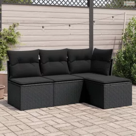   4 részes fekete polyrattan kerti ülőgarnitúra párnákkal