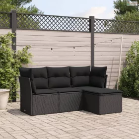   4 részes fekete polyrattan kerti ülőgarnitúra párnákkal