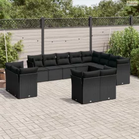   12 részes fekete polyrattan kerti ülőgarnitúra párnákkal