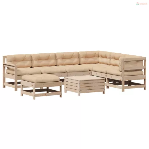 8 részes tömör fenyőfa kerti ülőgarnitúra párnákkal