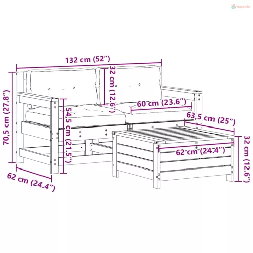 3 részes tömör fenyőfa kerti ülőgarnitúra párnával