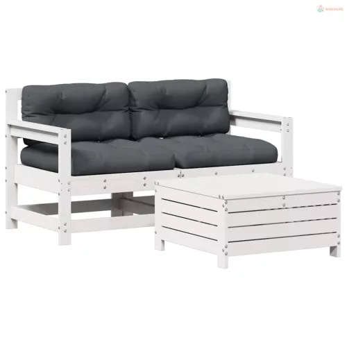 3 részes fehér tömör fenyőfa kerti ülőgarnitúra párnákkal