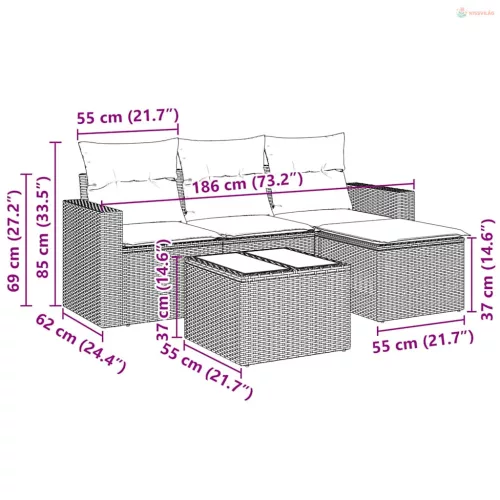 5 részes fekete polyrattan kerti kanapészett párnákkal