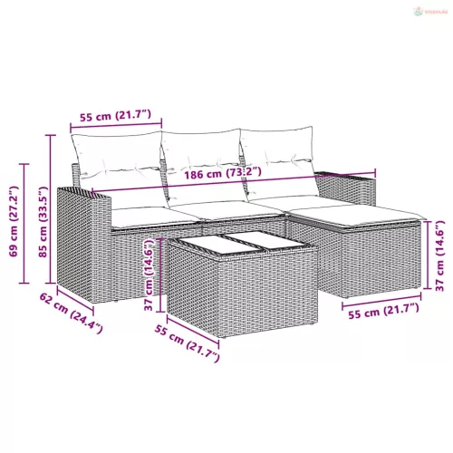 5 részes világosszürke polyrattan kerti ülőgarnitúra párnákkal