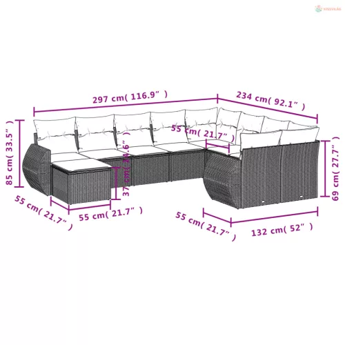10 részes fekete polyrattan kerti ülőgarnitúra párnákkal