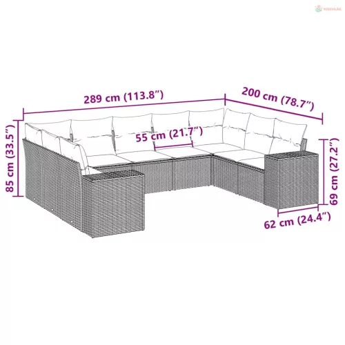9 részes fekete polyrattan kerti ülőgarnitúra párnákkal
