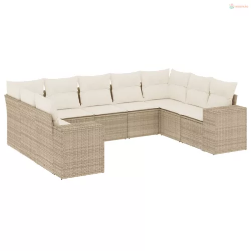 9 részes bézs polyrattan kerti ülőgarnitúra párnákkal