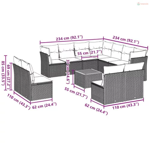 12 részes szürke polyrattan kerti ülőgarnitúra párnákkal