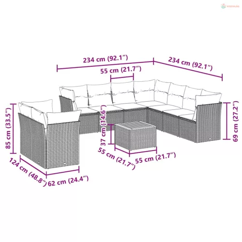 11 részes fekete polyrattan kerti ülőgarnitúra párnákkal