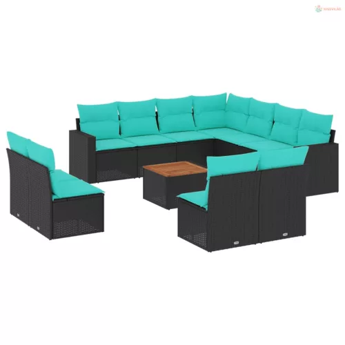 12 részes fekete polyrattan kerti ülőgarnitúra párnákkal