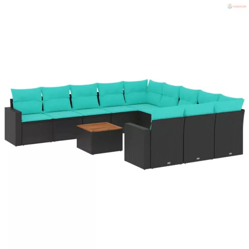 12 részes fekete polyrattan kerti ülőgarnitúra párnákkal
