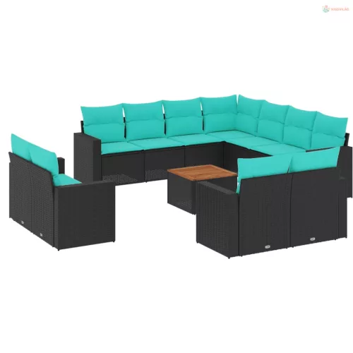 12 részes fekete polyrattan kerti ülőgarnitúra párnákkal