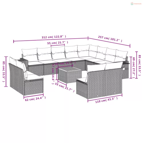 13 részes fekete polyrattan kerti ülőgarnitúra párnákkal