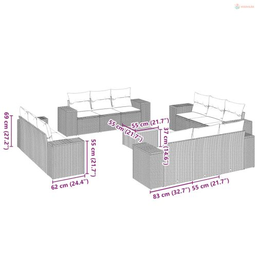 13 részes fekete polyrattan kerti ülőgarnitúra párnákkal