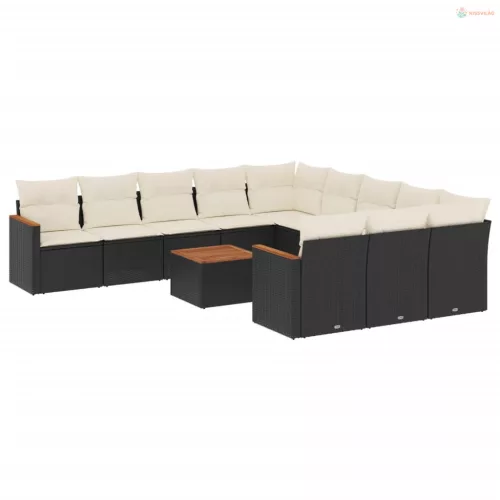 12 részes fekete polyrattan kerti ülőgarnitúra párnákkal
