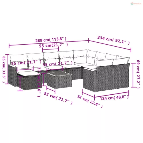 11 részes fekete polyrattan kerti ülőgarnitúra párnákkal