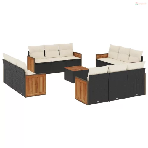 13 részes fekete polyrattan kerti ülőgarnitúra párnákkal