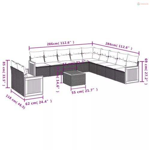 12 részes fekete polyrattan kerti ülőgarnitúra párnákkal