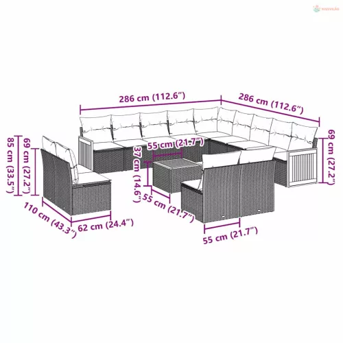 14 részes fekete polyrattan kerti ülőgarnitúra párnákkal