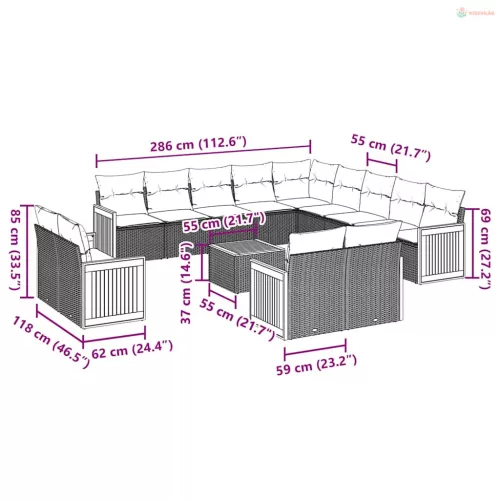 14 részes fekete polyrattan kerti ülőgarnitúra párnákkal