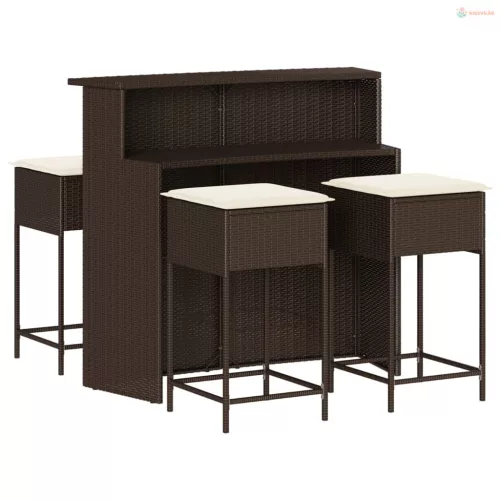 5 részes barna polyrattan kerti bárszett párnákkal