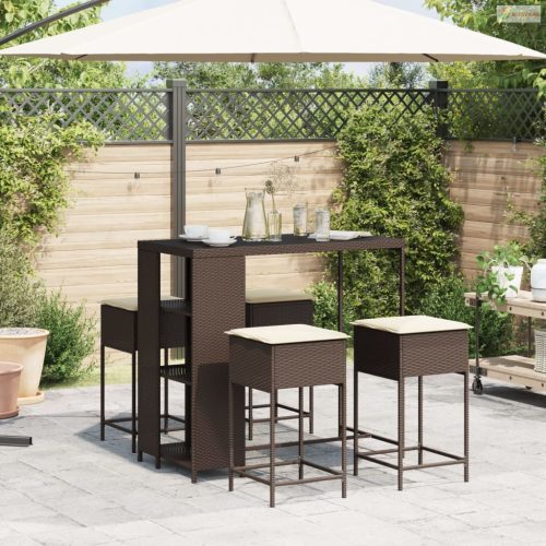 5 részes barna polyrattan kerti bárszett párnákkal