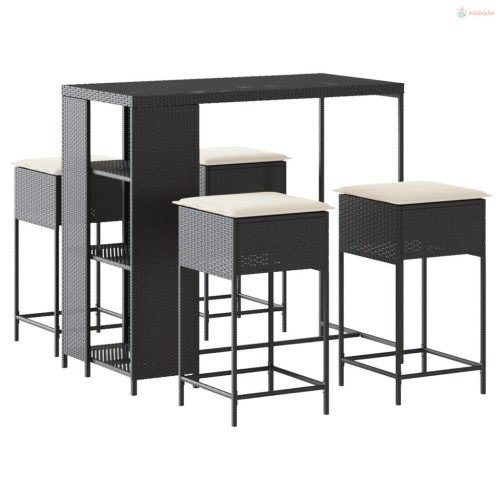 5 részes fekete polyrattan kerti bárszett párnával