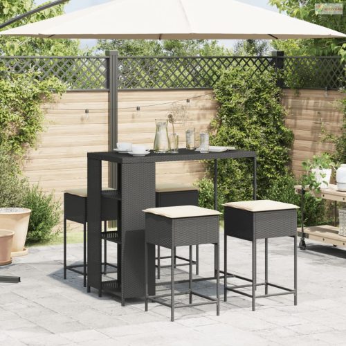 5 részes fekete polyrattan kerti bárszett párnával