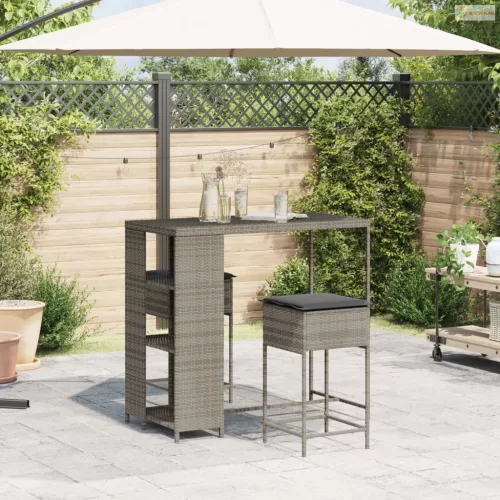 3 részes szürke polirattan kerti bárszett párnákkal