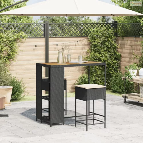 3 részes fekete polyrattan kerti bárszett párnával