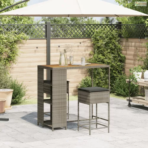 3 részes szürke polirattan kerti bárszett párnákkal