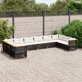   10 részes fekete polyrattan kerti ülőgarnitúra párnákkal
