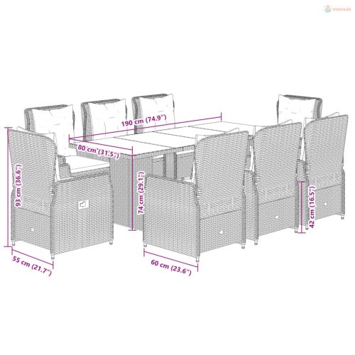 9 részes bézs polyrattan kerti étkezőgarnitúra párnákkal