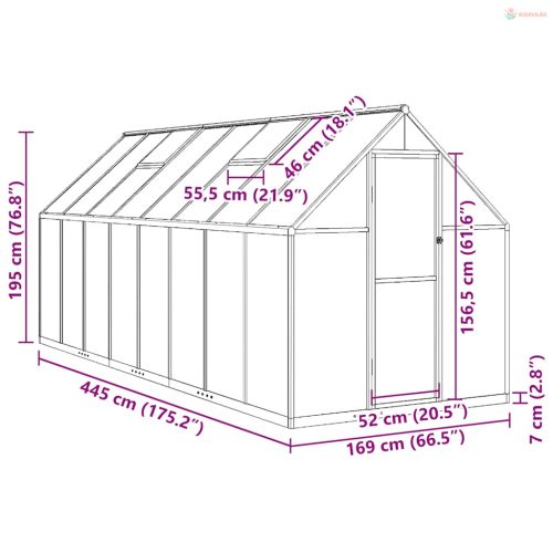 Ezüstszínű alumínium melegház alapvázzal 445x169x195 cm