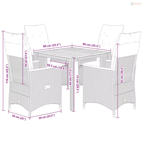 5 részes szürke polyrattan kerti étkezőgarnitúra párnával