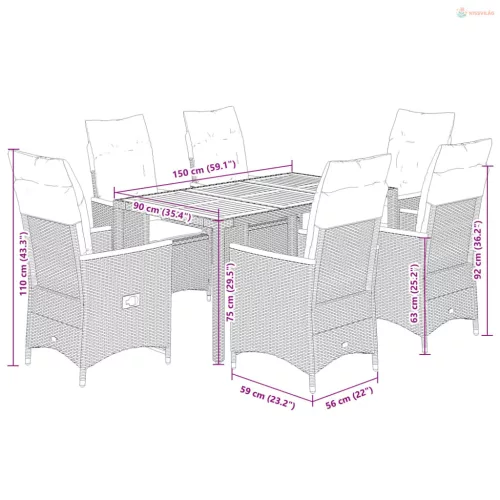 7 részes szürke polyrattan kerti étkezőgarnitúra párnával