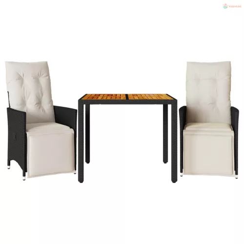 3 részes fekete polyrattan bisztrógarnitúra párnával