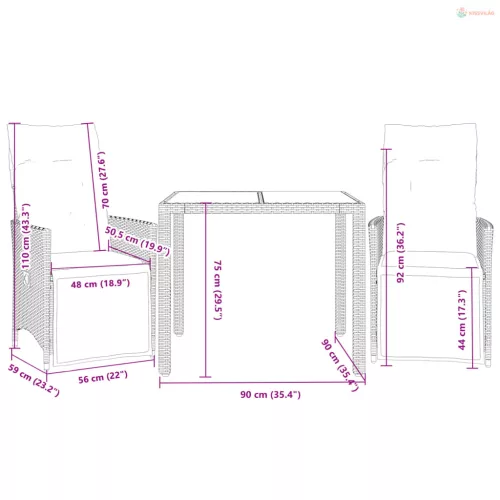 3 részes fekete polyrattan bisztrógarnitúra párnával