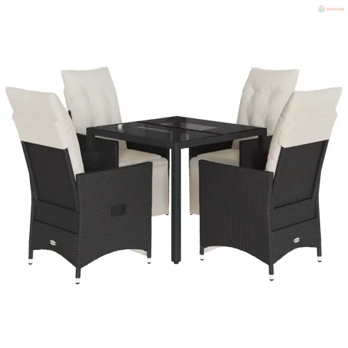 5 részes fekete polyrattan kerti étkezőgarnitúra párnákkal