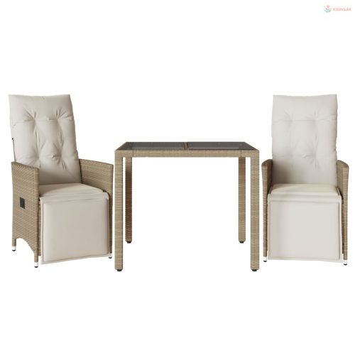 3 részes bézs polyrattan kerti bisztrógarnitúra párnákkal